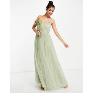 ASOS DESIGN BRIDESMAID CAMI PLEATED TULLE MAXI DRESS IN SAGE-GREEN